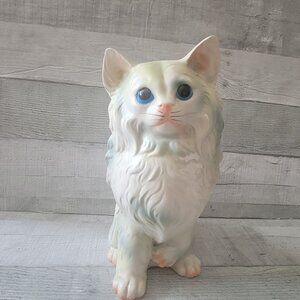 Vintage Ceramic White Cat Figurine With Blue Eyes & Pastel Accents